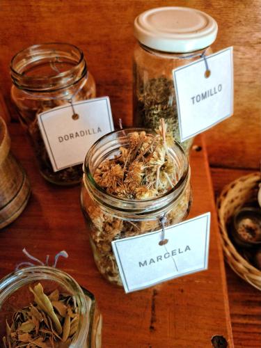 ein Tisch mit Gläsern mit getrockneten Kräutern und Gewürzen in der Unterkunft Del Sol a la Montaña EcoLodge - Turismo Consciente in Potrero de Garay