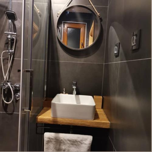 a bathroom with a white sink and a mirror at Cortina resort in Ivanjica