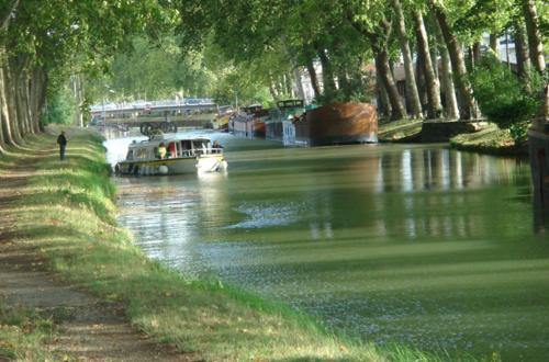 a boat is traveling down a river with trees at Gîte du château de Chevannes in Amazy