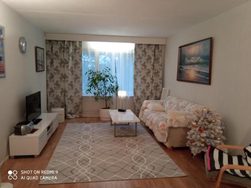 a living room with a couch and a table at Apartment Haltijantie in Kotka