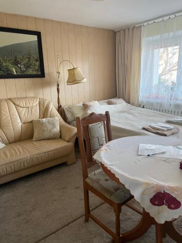 ein Schlafzimmer mit einem Bett, einem Tisch und einem Sofa in der Unterkunft Azyl Karpacz in Karpacz