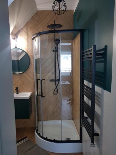 a glass shower in a bathroom with a sink at Apartamenty Tylicki Poranek in Tylicz