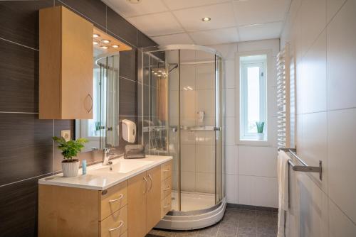y baño con ducha acristalada y lavamanos. en Runde Miljøsenter & Opplev Runde, en Runde