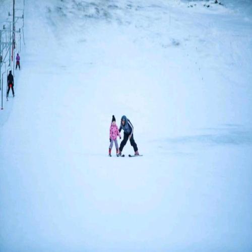 a man and a child skiing down a snow covered slope at Krystal Resort Apartment A108 in Bakuriani