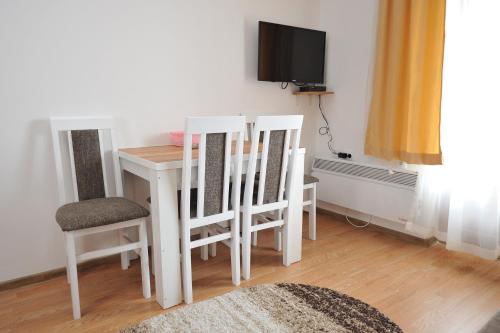 um quarto com uma mesa e cadeiras e uma televisão em Kopaonik Apartman Sanja em Kopaonik