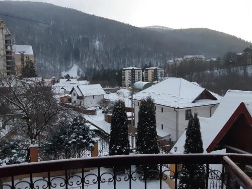 a city covered in snow with buildings and trees at Pensiunea Lucy in Sinaia