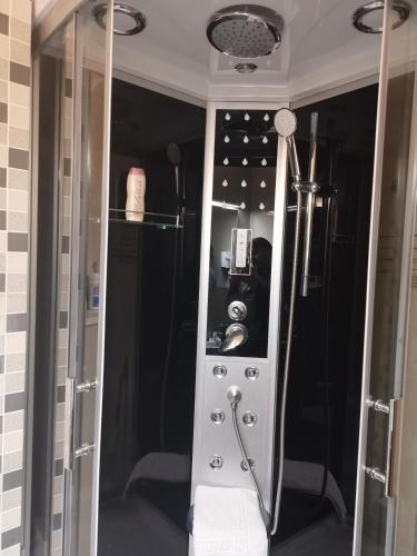 a shower with a mirror in a room at Chic Boutique Apart in Sinaia