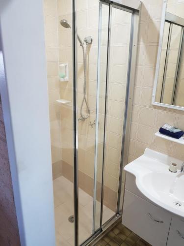 a bathroom with a shower and a sink at Avlon Gardens Motel in Ballina