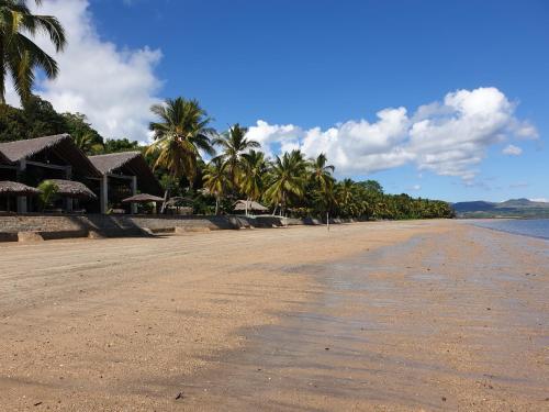 a beach with palm trees and houses on it at Anjiamarango Beach Resort in Nosy Be