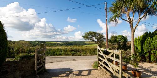 a gate to a driveway with a palm tree at Red Fox Barn in Perranporth