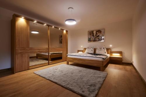 sypialnia z łóżkiem, prysznicem i lustrem w obiekcie Apartmány na Krásné Vyhlídce w mieście Liberec