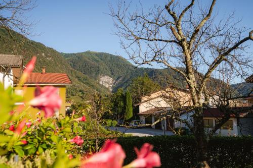 a view of a house with mountains in the background at Apartma BoLeRo in Tolmin