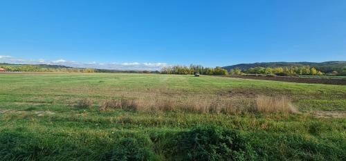 a field of grass with a tractor in the distance at Domček 22 in Dudince