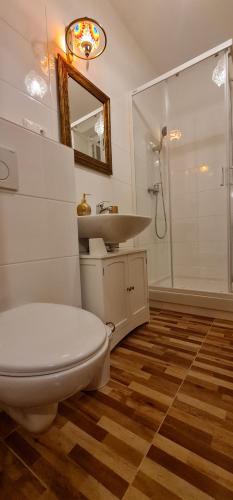 a bathroom with a toilet and a sink and a shower at Domček 22 in Dudince