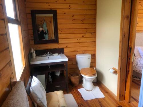 a bathroom with a toilet and a sink in a cabin at Adorable 2 bedroom seaside vacation home in Kleinmond