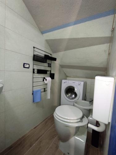 a bathroom with a toilet and a washing machine at Dentro il Borgo in Perugia