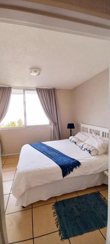 a bedroom with a large bed and a large window at Margate Boulevard Beachfront Apartment in Margate
