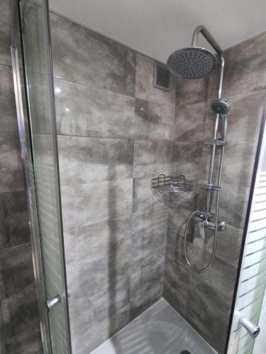 a shower with a glass door in a bathroom at Domek Gajowego in Ropienka