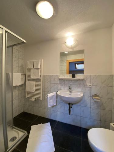 La salle de bains est pourvue d'un lavabo et d'une douche. dans l'établissement Pension Bucher, à Schnann