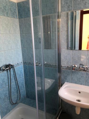a bathroom with a shower and a sink at Dom Wypoczynkowy U Kasi in Jurgów