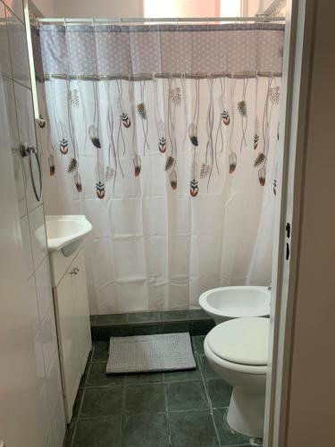 La salle de bains est pourvue d'un rideau de douche, de toilettes et d'un lavabo. dans l'établissement Alto Colon Mendoza, à Mendoza