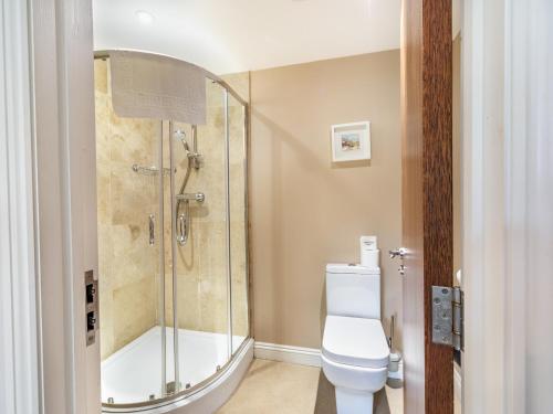 a bathroom with a shower and a toilet at Scotch Arms Mews Bed & Breakfast in Brampton