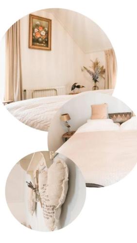 a white bedroom with a bed and a table at B&B t'Brocantje in Gramsbergen