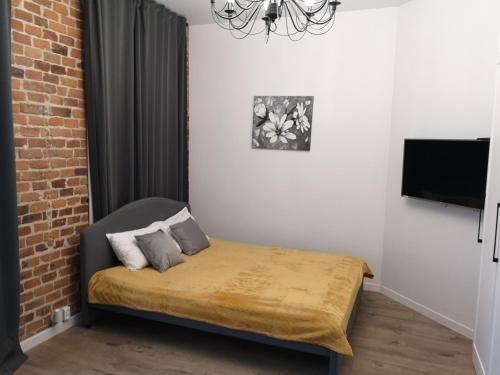 Zimmer mit einem Bett, einem Sofa und einem TV in der Unterkunft Solaris Apartments Self-Check-In in Oppeln