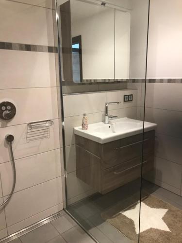 a bathroom with a sink and a glass shower at Ferienwohnung Falkenstein in Rettenberg