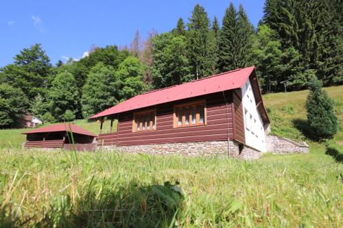 un pequeño edificio con techo rojo en un campo en Chalupa Tomášek v blízkosti ski areálu, en Dolni Dvur