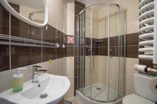 un baño con lavabo y ducha en DOMINO - pokoje i apartamenty, en Szklarska Poręba