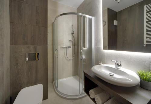 a bathroom with a shower and a sink and a toilet at Apartament Źródlana Ski 300M in Świeradów-Zdrój