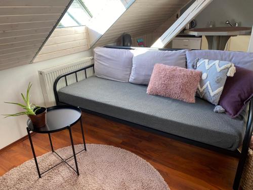 a couch with pillows on it in a room at Apartmány Rudík in Železná Ruda