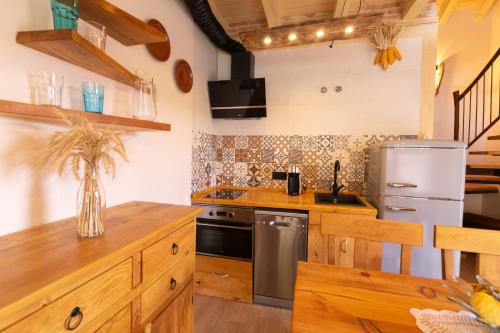 a kitchen with a refrigerator and a stove top oven at La Galiana loft nature in Casarejos