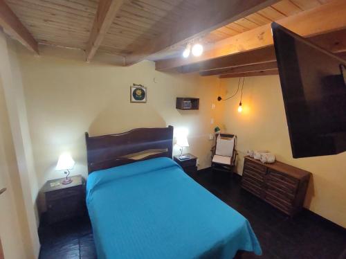 a bedroom with a blue bed and a tv at Del Mar in San Clemente del Tuyú
