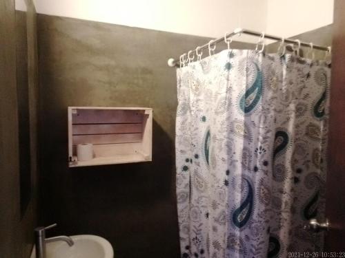 La salle de bains est pourvue d'un rideau de douche et d'un lavabo. dans l'établissement Tembetarí, à Cuchilla Alta