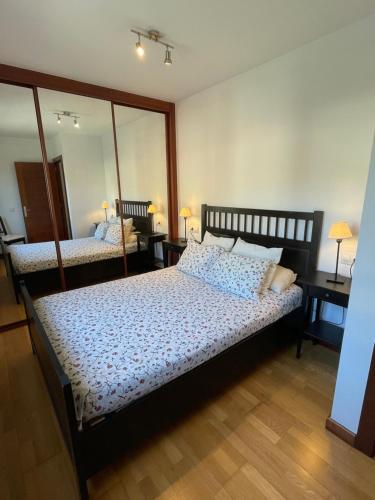 um quarto com uma cama e um espelho grande em Alojamiento Puente del Sella em Cangas de Onís