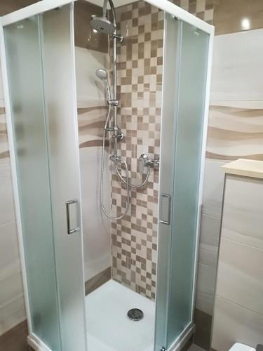 a shower with a glass door in a bathroom at Pension Krista in Kraslice