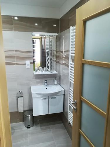 a bathroom with a white sink and a mirror at Pension Krista in Kraslice