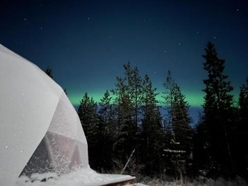 un iglú en la nieve por la noche con luces verdes en Pandomes Aurora Igloo Hotel en Rovaniemi