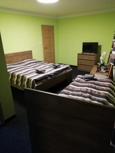 two beds in a room with green walls at Pension Krista in Kraslice