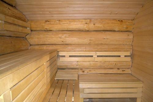 an empty sauna with wooden walls and floors at U Druziv in Polyana