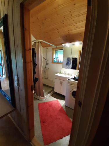 a kitchen with a red rug in a room at Kulpmo Gård Jarfjord-Kirkenes in Kirkenes