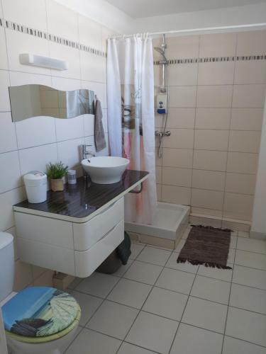 ein Bad mit einem Waschbecken, einem WC und einer Dusche in der Unterkunft Mers du Sud in Les Trois-Îlets