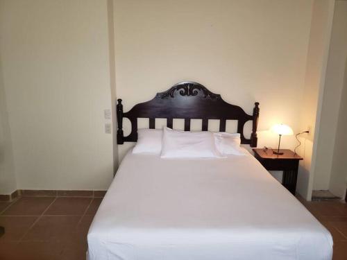 een groot wit bed met een houten hoofdeinde in een slaapkamer bij Casa de campo by the river in Estelí