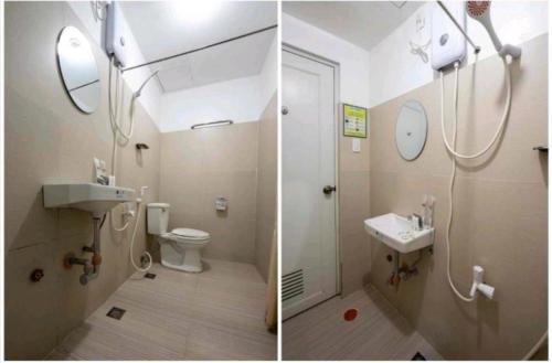 2 fotografías de un baño con ducha y lavabo en Yuj Inn Pasay en Manila
