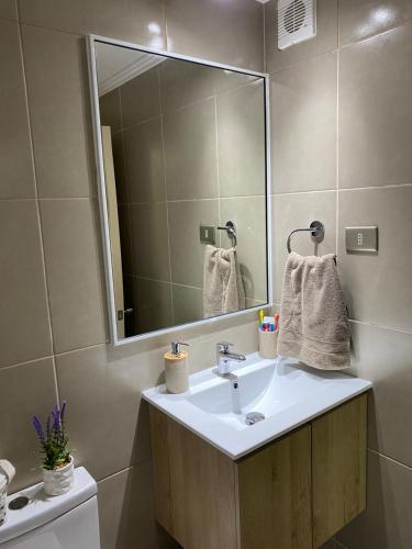 a bathroom with a sink and a mirror at Departamento para 6 personas in Villarrica