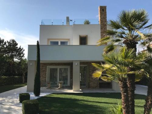 a white house with a palm tree in front of it at Beautiful Modern Villa in Albarella by Beahost in Isola Albarella