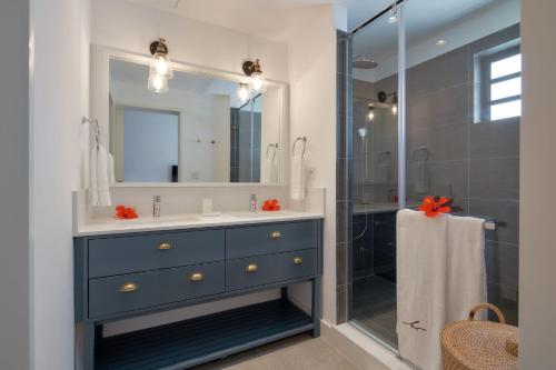 y baño con lavabo azul y ducha. en St Antoine Apartment by LOV, en Île dʼAmbre