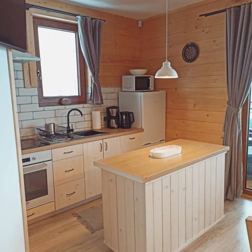 a kitchen with wooden walls and a counter with a refrigerator at Domek na Ubocy z jacuzzi, sauną i widokiem in Biały Dunajec